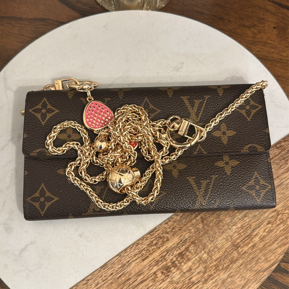Louis Vuitton Monogram Brown Leather Crossbody Wallet with Gold Chain